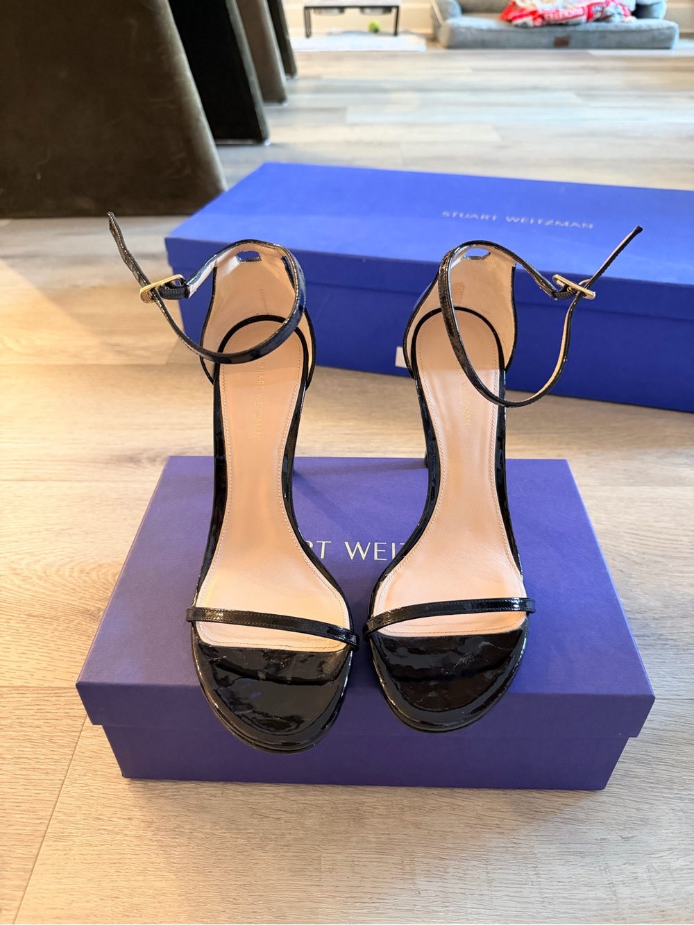 Stuart Weitzman Black Patent Open-Toe Ankle-Strap Heels